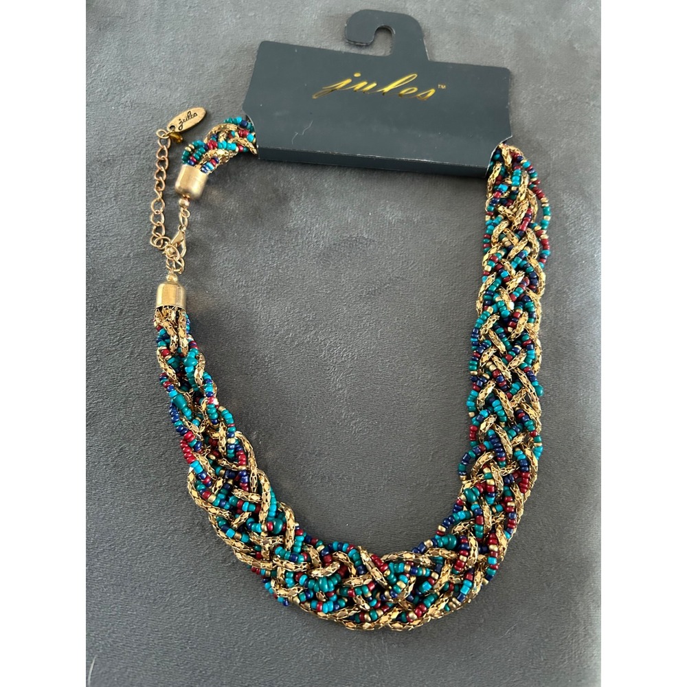 Jules Beaded Necklace Multi Color Braided Gold Tone Chain Statement